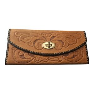 Vintage Hand Tooled Floral Brown Leather Long Wallet Whipstitch Western